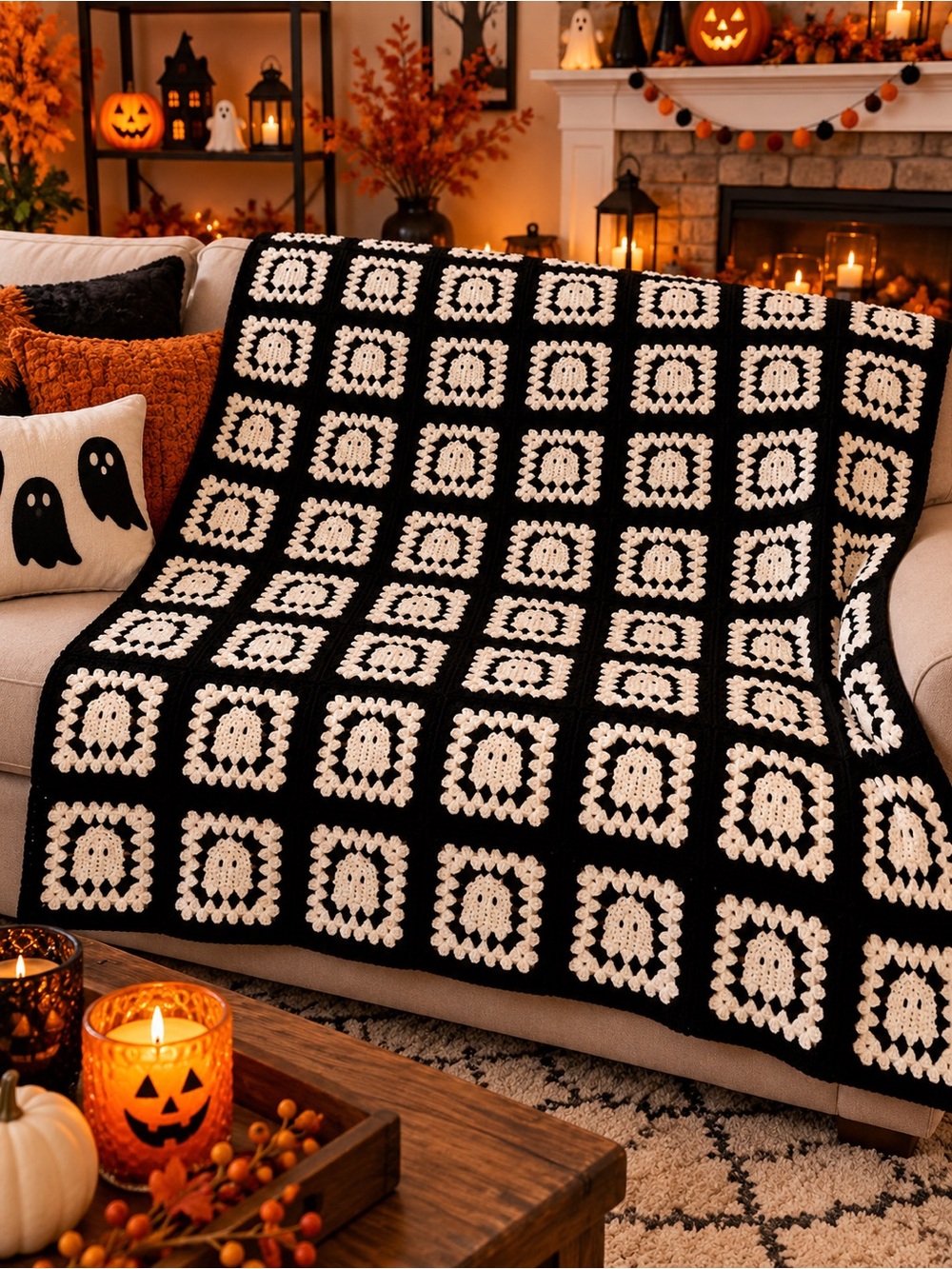 Crochet Granny Square Ghost Blanket👻